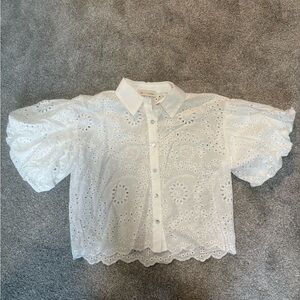 Women’s White Eyelet Puff Sleeve Button-Up Top